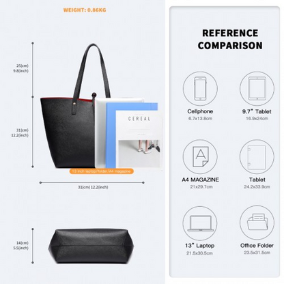 Miss Lulu Women's Reversible Contrast Shopper Tote Bag - Black, 2-in-1 Large Tote with Removable Pouch, Premium PU Leather