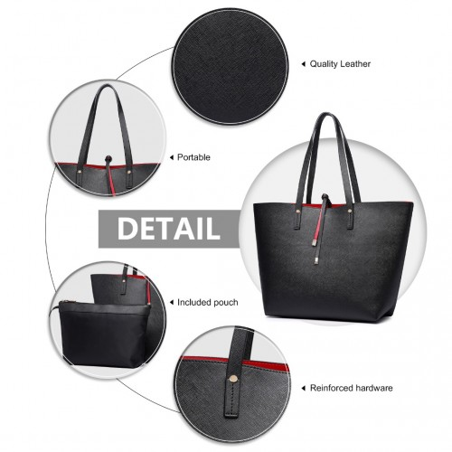 Miss Lulu Women's Reversible Contrast Shopper Tote Bag - Black, 2-in-1 Large Tote with Removable Pouch, Premium PU Leather