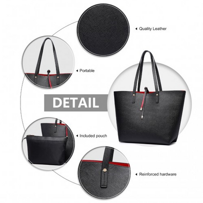 Miss Lulu Women's Reversible Contrast Shopper Tote Bag - Black, 2-in-1 Large Tote with Removable Pouch, Premium PU Leather