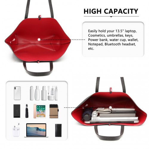 Miss Lulu Women's Reversible Contrast Shopper Tote Bag - Black, 2-in-1 Large Tote with Removable Pouch, Premium PU Leather