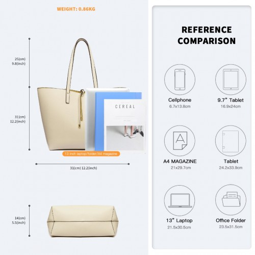 Miss Lulu Women Reversible Contrast Shopper Tote Bag Beige - LT6628-1