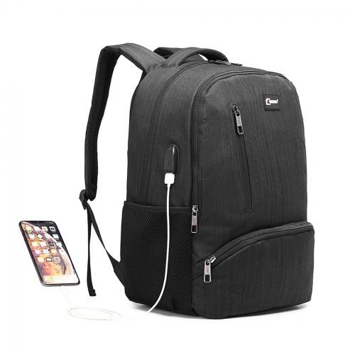 Kono Multi Compartment Backpack with USB Connectivity - Black, Stylish & Functional, Water-Repellent, Laptop Pocket, Adjustable Straps
