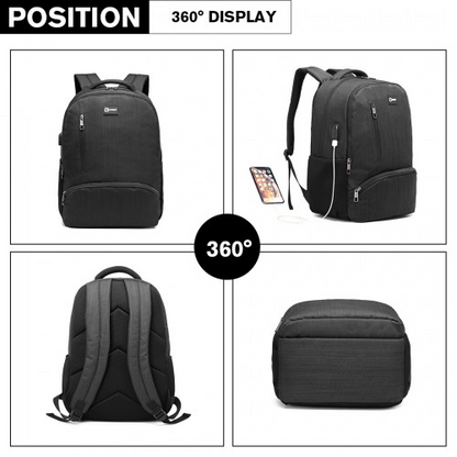 Kono Multi Compartment Backpack with USB Connectivity - Black, Stylish & Functional, Water-Repellent, Laptop Pocket, Adjustable Straps