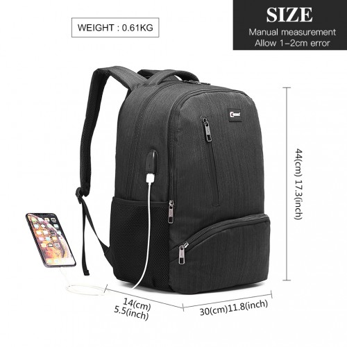 Kono Multi Compartment Backpack with USB Connectivity - Black, Stylish & Functional, Water-Repellent, Laptop Pocket, Adjustable Straps