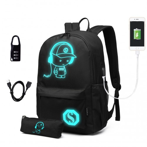 Kono Glow In The Dark Waterproof USB Charging Backpack with Pencil Case - Black | Durable & Stylish | Fits 15.6" Laptops & Tablets | Ideal for School, Travel & Daily Use