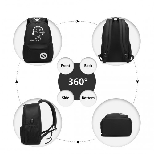 Kono Glow In The Dark Waterproof USB Charging Backpack with Pencil Case - Black | Durable & Stylish | Fits 15.6" Laptops & Tablets | Ideal for School, Travel & Daily Use