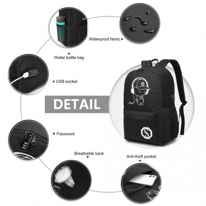 Kono Glow In The Dark Waterproof USB Charging Backpack with Pencil Case - Black | Durable & Stylish | Fits 15.6" Laptops & Tablets | Ideal for School, Travel & Daily Use