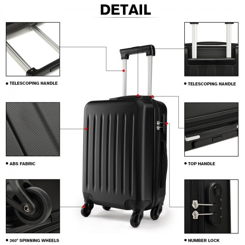 K1872L - Kono 19-24-28 Inch ABS Hard Shell Luggage 4 Wheel Spinner Suitcase Set - Black