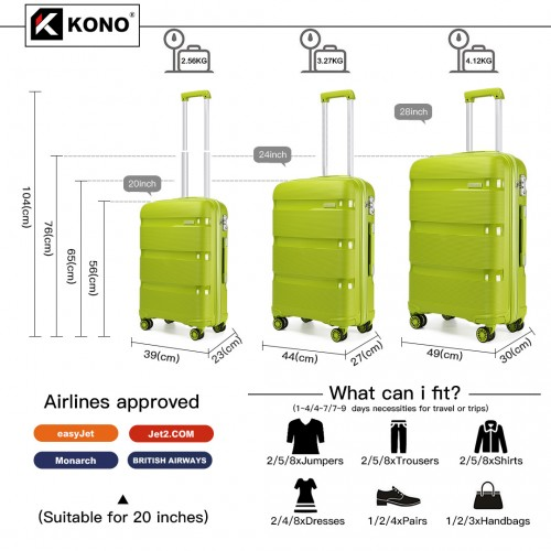K2092L - Kono Bright Hard Shell PP Suitcase 3 Pieces Set - Classic Collection - Green