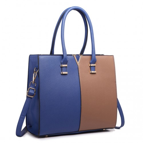 Miss Lulu Split Front Design Medium Tote Handbag - Navy and Brown
