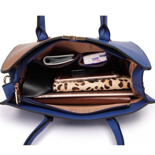 Miss Lulu Split Front Design Medium Tote Handbag - Navy and Brown