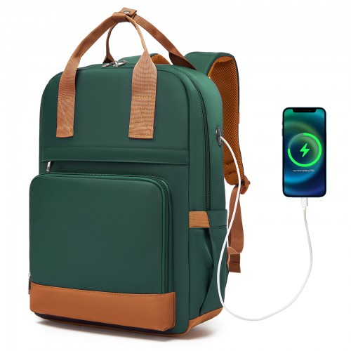 Kono Casual Contemporary Backpack with Laptop Sleeve & Padded Straps - Green & Brown