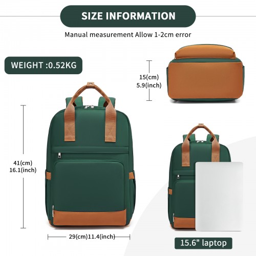 Kono Casual Contemporary Backpack with Laptop Sleeve & Padded Straps - Green & Brown
