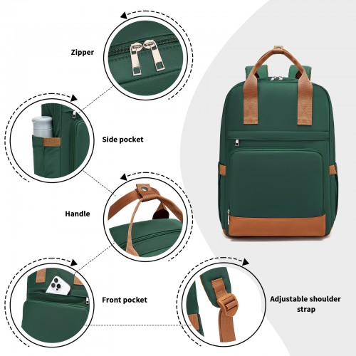 Kono Casual Contemporary Backpack with Laptop Sleeve & Padded Straps - Green & Brown