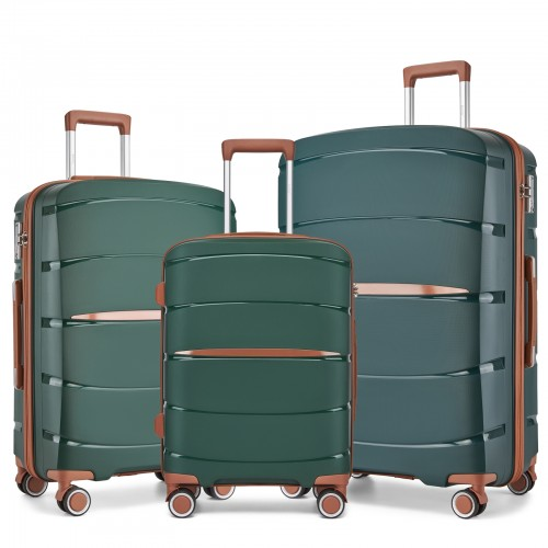 KSK2591 - Kono 20/24/28 inch PP Modern Scratch-Resistant Suitcase Set with TSA Lock & Stylish Brown Accents - Green and Brown