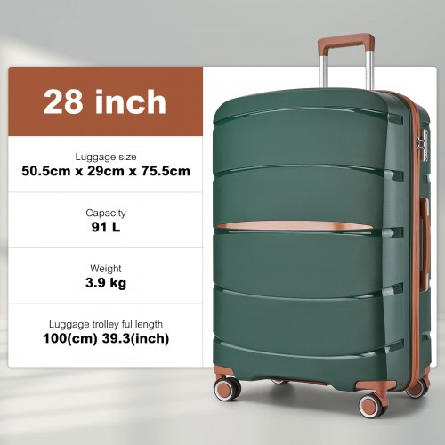 KSK2591 - Kono 28-Inch PP Modern Scratch-Resistant Large Suitcase with TSA Lock & Stylish Brown Accents - Green and Brown