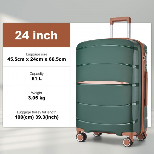 KSK2591 - Kono 24-Inch PP Modern Scratch-Resistant Medium Suitcase with TSA Lock & Stylish Brown Accents - Green and Brown