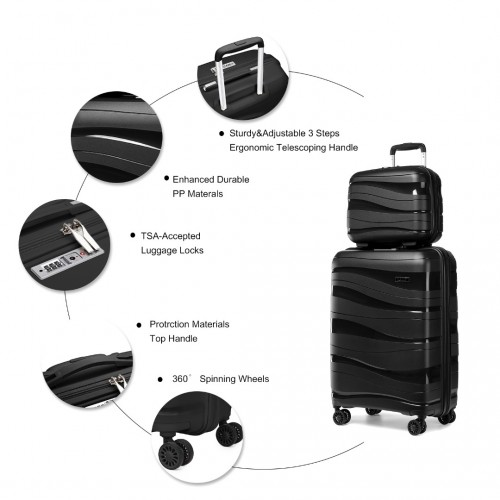 K2094L - Kono 14/20 Inch Lightweight Polypropylene Hard Shell 2 Piece Suitcase Set With TSA Lock And Vanity Case - Black
