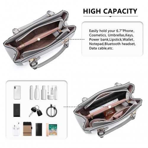 Miss Lulu Pretty Colour Combination Leather Handbag Tote Bag - Grey