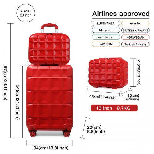 Kono 13/20 Inch Lightweight Hard Shell ABS Cabin Suitcase with TSA Lock & Vanity Case - Red