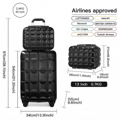 Kono 13/20 Inch Lightweight Hard Shell ABS Cabin Suitcase With TSA Lock And Vanity Case - Black