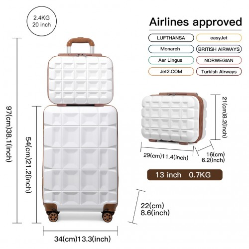 Kono 13/20 Inch Lightweight Hard Shell ABS Cabin Suitcase with TSA Lock and Vanity Case - White