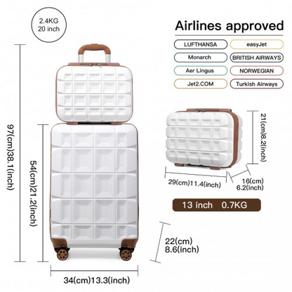 Kono 13/20 Inch Lightweight Hard Shell ABS Cabin Suitcase with TSA Lock and Vanity Case - White