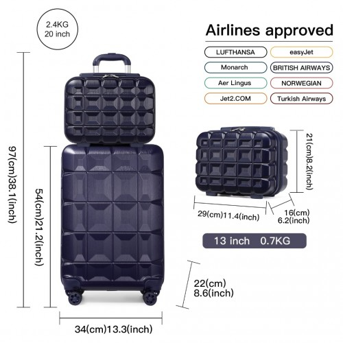 Kono 13/20 Inch Lightweight Hard Shell ABS Cabin Suitcase With TSA Lock And Vanity Case - Navy