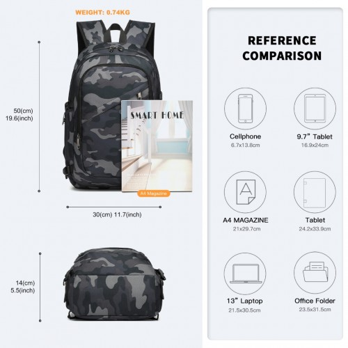 Kono Business Laptop Backpack with USB Charging Port - Camo - Perfect for Professionals on the Go