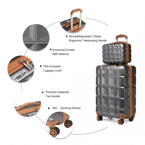 Kono 13/20 Inch Lightweight Hard Shell ABS Cabin Suitcase with TSA Lock and Vanity Case - Grey