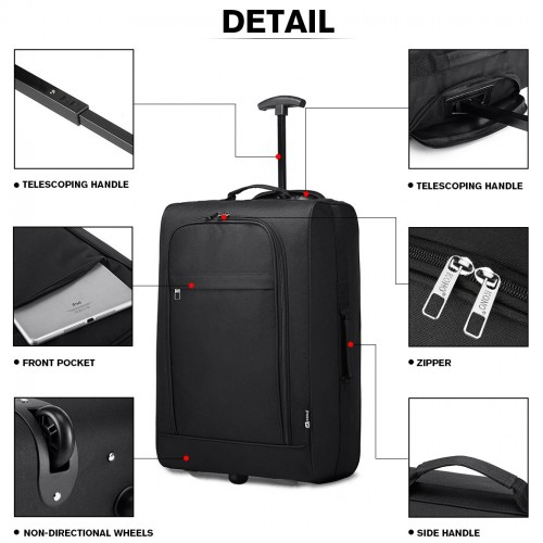 Kono Cabin Size Soft Shell Hand Luggage - Black | Durable 600D Polyester