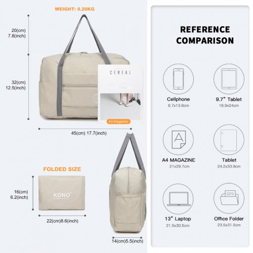 Kono Foldable Waterproof Storage Travel Handbag - Beige | Ideal for Overnight Stays, Camping, and Travel