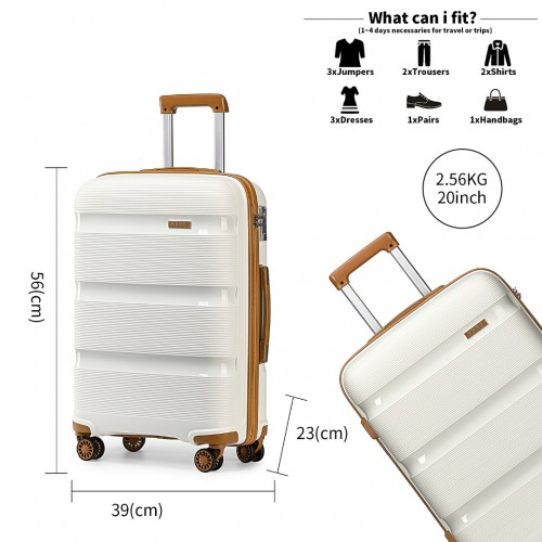 Kono 20 Inch Hard Shell PP Carry-On Suitcase - Cabin Size, Cream