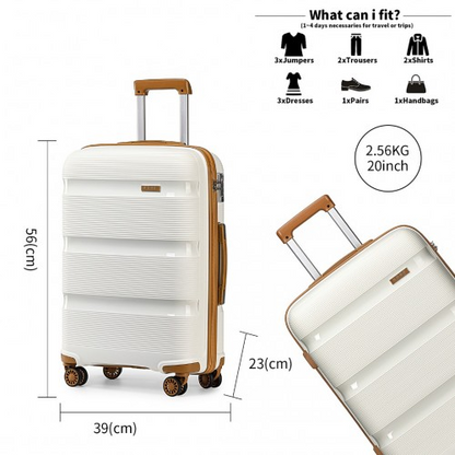 Kono 20 Inch Hard Shell PP Carry-On Suitcase - Cabin Size, Cream