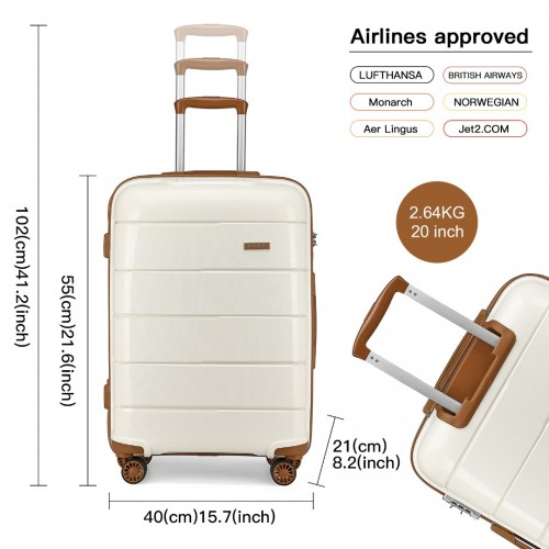 KONO 20 Inch Cabin Size Hard Shell PP Suitcase - Cream | Lightweight & Durable Travel Carry-On