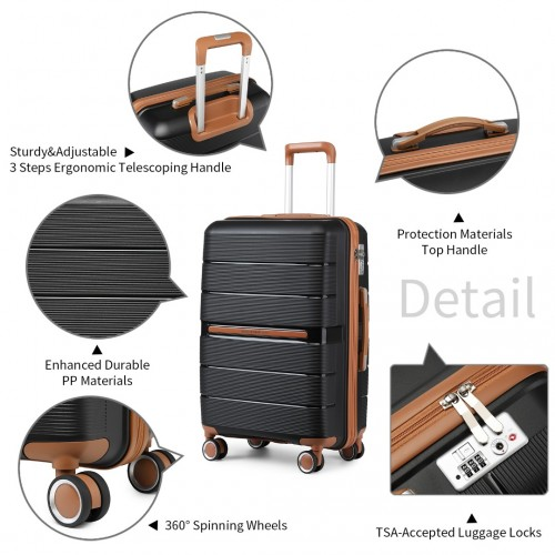 British Traveller 24 Inch Multi-Texture Polypropylene Hard Shell Suitcase with TSA Lock - Black