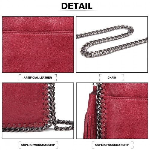 Miss Lulu Burgundy Leather Look Chain Shoulder Bag with Tassel Pendant - Stylish and Functional