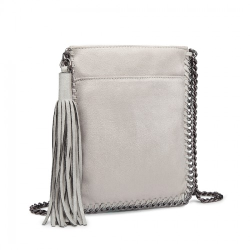 Miss Lulu Grey Leather Look Chain Shoulder Bag with Tassel Pendant