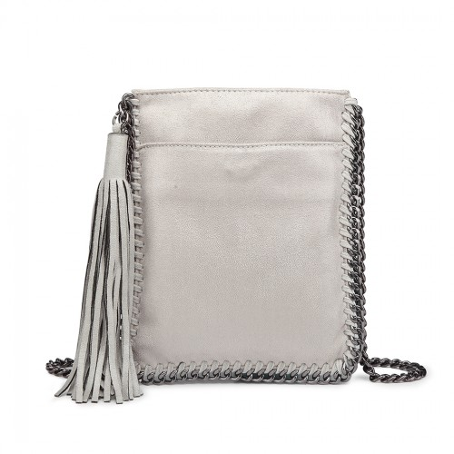 Miss Lulu Grey Leather Look Chain Shoulder Bag with Tassel Pendant
