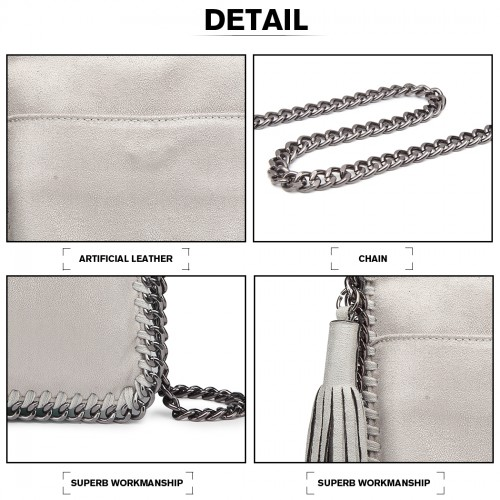 Miss Lulu Grey Leather Look Chain Shoulder Bag with Tassel Pendant