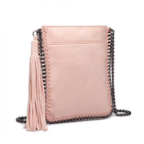 Miss Lulu Leather Look Chain Shoulder Bag with Tassel Pendant - Pink