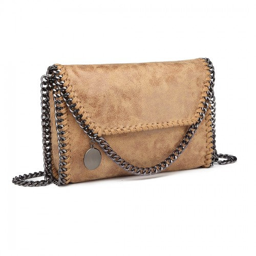 Miss Lulu Leather Look Chain Fold-over Shoulder Bag - Stylish Apricot PU Leather Handbag