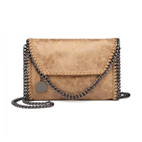 Miss Lulu Leather Look Chain Fold-over Shoulder Bag - Stylish Apricot PU Leather Handbag