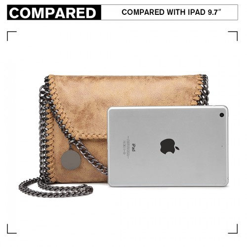 Miss Lulu Leather Look Chain Fold-over Shoulder Bag - Stylish Apricot PU Leather Handbag