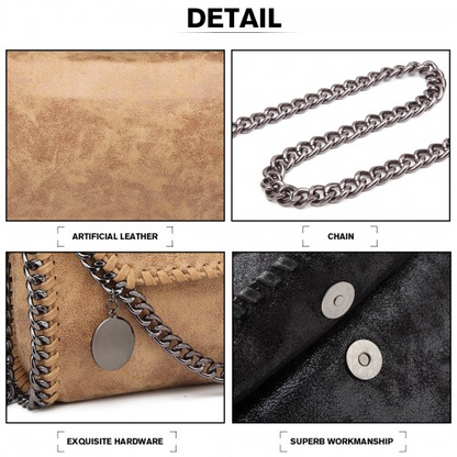 Miss Lulu Leather Look Chain Fold-over Shoulder Bag - Stylish Apricot PU Leather Handbag