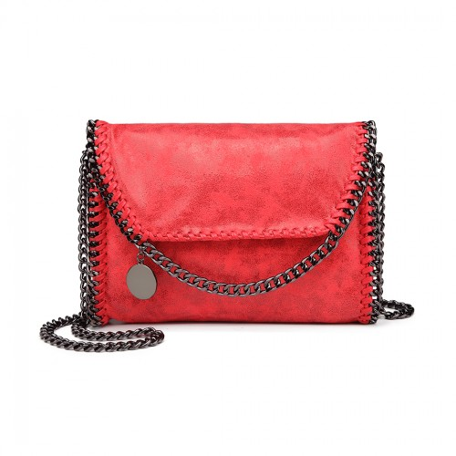 Miss Lulu Leather Look Chain Fold-over Shoulder Bag - Red | Stylish & Edgy for Every Occasion