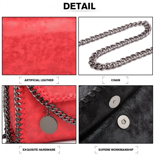 Miss Lulu Leather Look Chain Fold-over Shoulder Bag - Red | Stylish & Edgy for Every Occasion