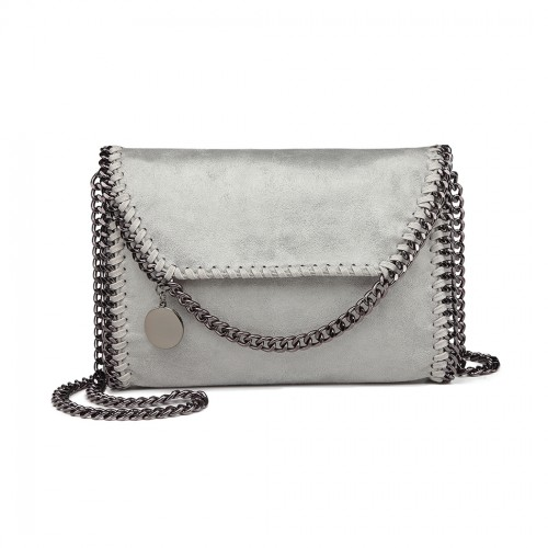 Miss Lulu Leather Look Chain Fold-over Shoulder Bag - Grey | Stylish & Edgy Handbag