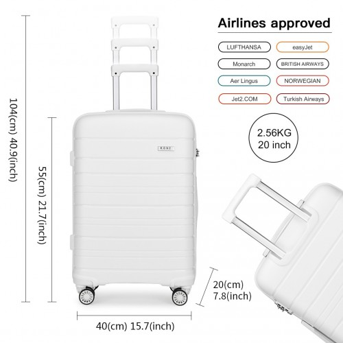 Kono 20 Inch Multi Texture Hard Shell PP Suitcase - Classic Collection - White | Durable & Lightweight Luggage