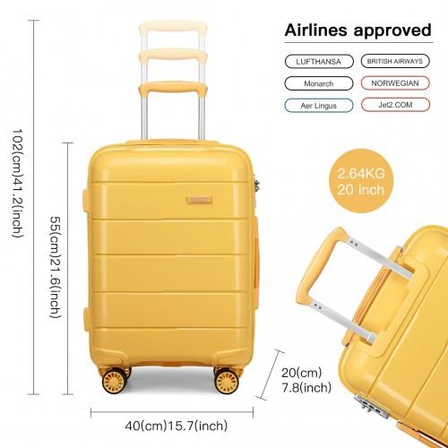 KONO 20 Inch Cabin Size Hard Shell Suitcase - Yellow | Lightweight, Durable, and Secure Travel Companion